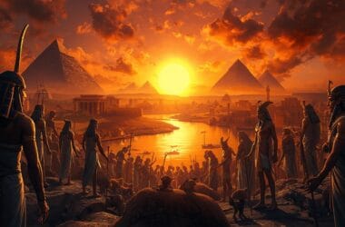 Antik Mısır Dini ve Tanrılar: Nil’in Sırlarla Dolu İnanç Dünyası 36 Nil Nehri kıyısında toplanmış Antik Mısır tanrıları, piramitler ve tapınaklarla çevrili mitolojik bir sahne.