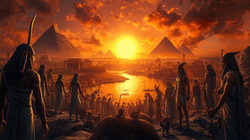 Antik Mısır Dini ve Tanrılar: Nil’in Sırlarla Dolu İnanç Dünyası 20 Nil Nehri kıyısında toplanmış Antik Mısır tanrıları, piramitler ve tapınaklarla çevrili mitolojik bir sahne.