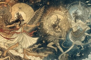 Rüzgârın Ruhu: Eski Mitolojilerde Hava ve Hayatın Döngüsü 32 Rüzgâr tanrılarının sembolleri, antik mitolojide hava unsurunu temsil eden görsel kompozisyon