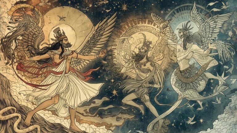 Rüzgârın Ruhu: Eski Mitolojilerde Hava ve Hayatın Döngüsü 23 Rüzgâr tanrılarının sembolleri, antik mitolojide hava unsurunu temsil eden görsel kompozisyon