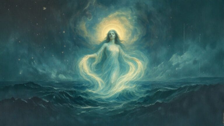 Su Sembolizmi: Mitolojide Yaşamın ve Yeniden Doğuşun Kaynağı 25 Mitolojik bir sahnede, su tanrıçasının evreni sulardan yaratışını simgeleyen tablo.