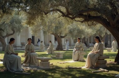 Epikürcülük: Mutluluğun, Dinginliğin ve Bilgelikliğin Peşinde Bir Yaşam Felsefesi 28 Antik Yunan bahçesinde tartışan filozofların Epikürcü yaşamı temsil eden görseli