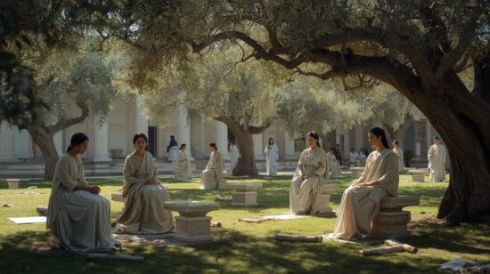 Epikürcülük: Mutluluğun, Dinginliğin ve Bilgelikliğin Peşinde Bir Yaşam Felsefesi 9 Antik Yunan bahçesinde tartışan filozofların Epikürcü yaşamı temsil eden görseli