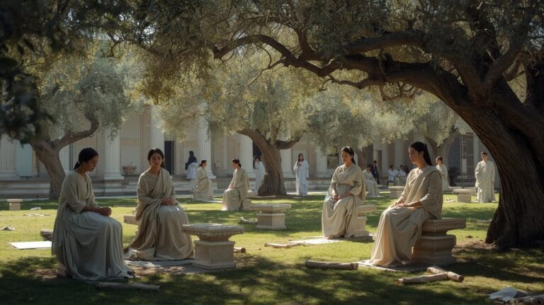 Epikürcülük: Mutluluğun, Dinginliğin ve Bilgelikliğin Peşinde Bir Yaşam Felsefesi 2 Antik Yunan bahçesinde tartışan filozofların Epikürcü yaşamı temsil eden görseli