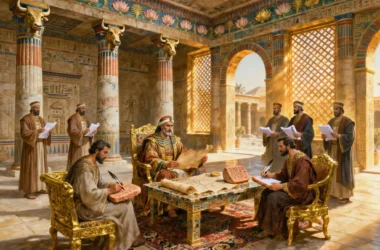 Pers Satraplık Sistemi ve İdari Teşkilat: Eyaletlerden Başkente Pers Yönetimi 27 Pers İmparatorluğu’nda satrapın sarayında haritaları ve belgeleri incelerken etrafındaki yazmanlar ve görevlilerle birlikte tarihi idari sahne