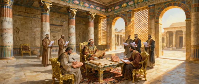 Pers Satraplık Sistemi ve İdari Teşkilat: Eyaletlerden Başkente Pers Yönetimi 1 Pers İmparatorluğu’nda satrapın sarayında haritaları ve belgeleri incelerken etrafındaki yazmanlar ve görevlilerle birlikte tarihi idari sahne